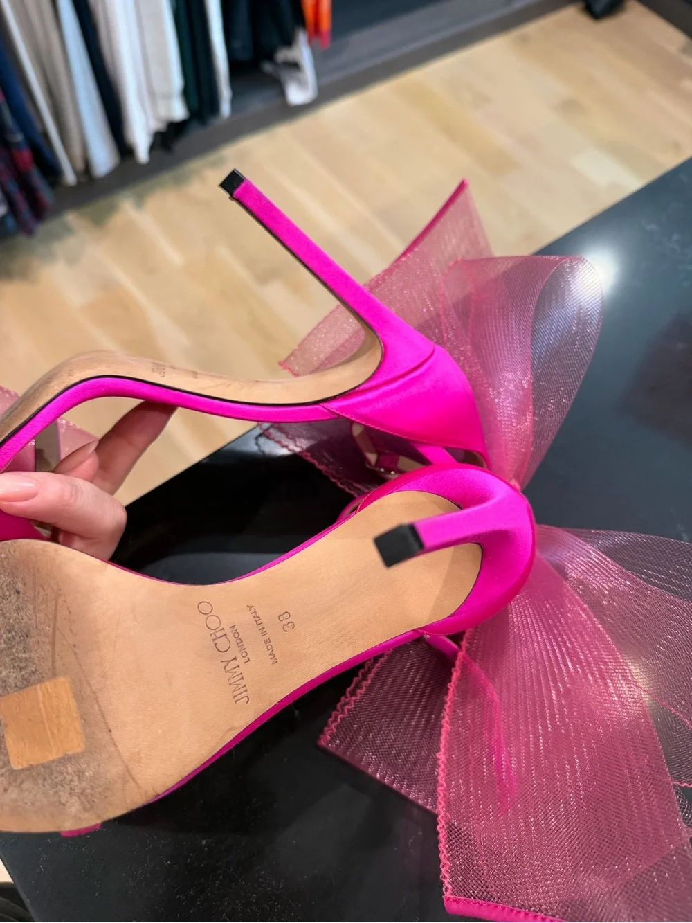 Jimmy Choo Hot Pink Tulle Bow Ankle-Strap Heels